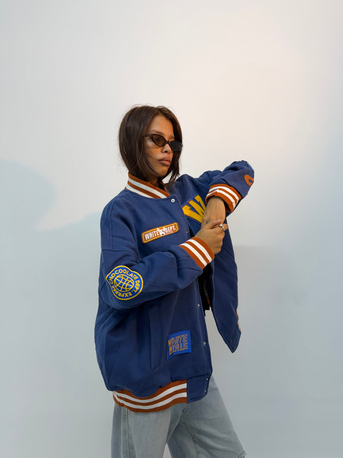 Vintage Unisex Royal Blue Patchwork Varsity Bomber Jacket