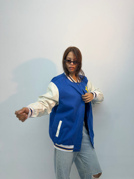 Vintage Unisex Blue & White Contrast Sleeve Varsity Bomber Jacket