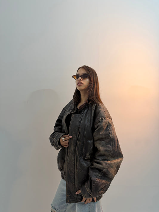 Distressed Dark Brown Oversized Vintage Aviator Leather Jacket