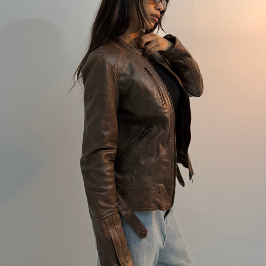 Distressed Brown Slim-Fit Vintage Moto Leather Jacket