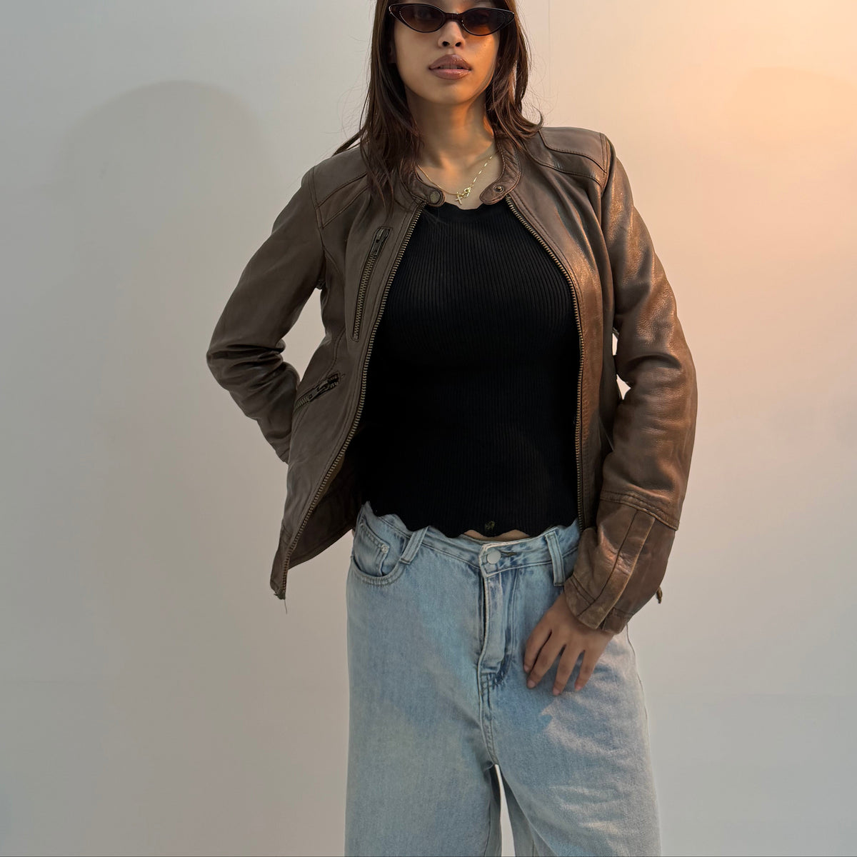 Distressed Brown Slim-Fit Vintage Moto Leather Jacket