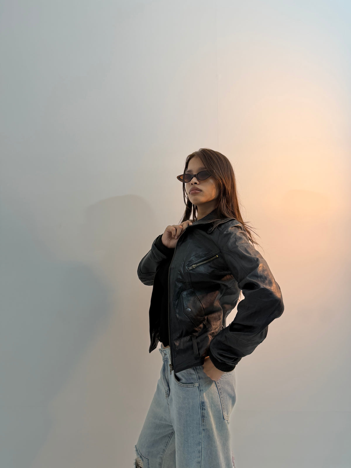 Vintage Unisex Distressed Black Leather Biker Bomber Jacket