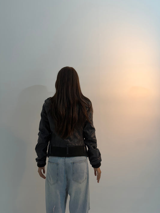 Vintage Unisex Distressed Black Leather Biker Bomber Jacket