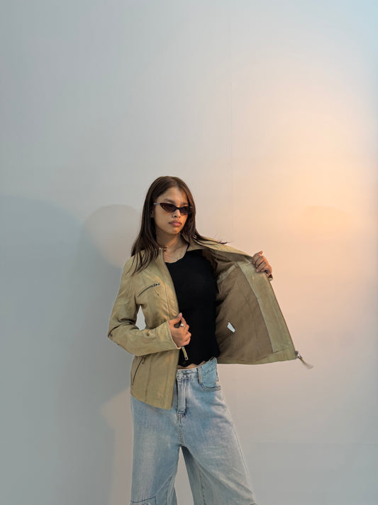 Women’s Vintage Beige Regular-Fit Multi-Zip Utility Leather Jacket
