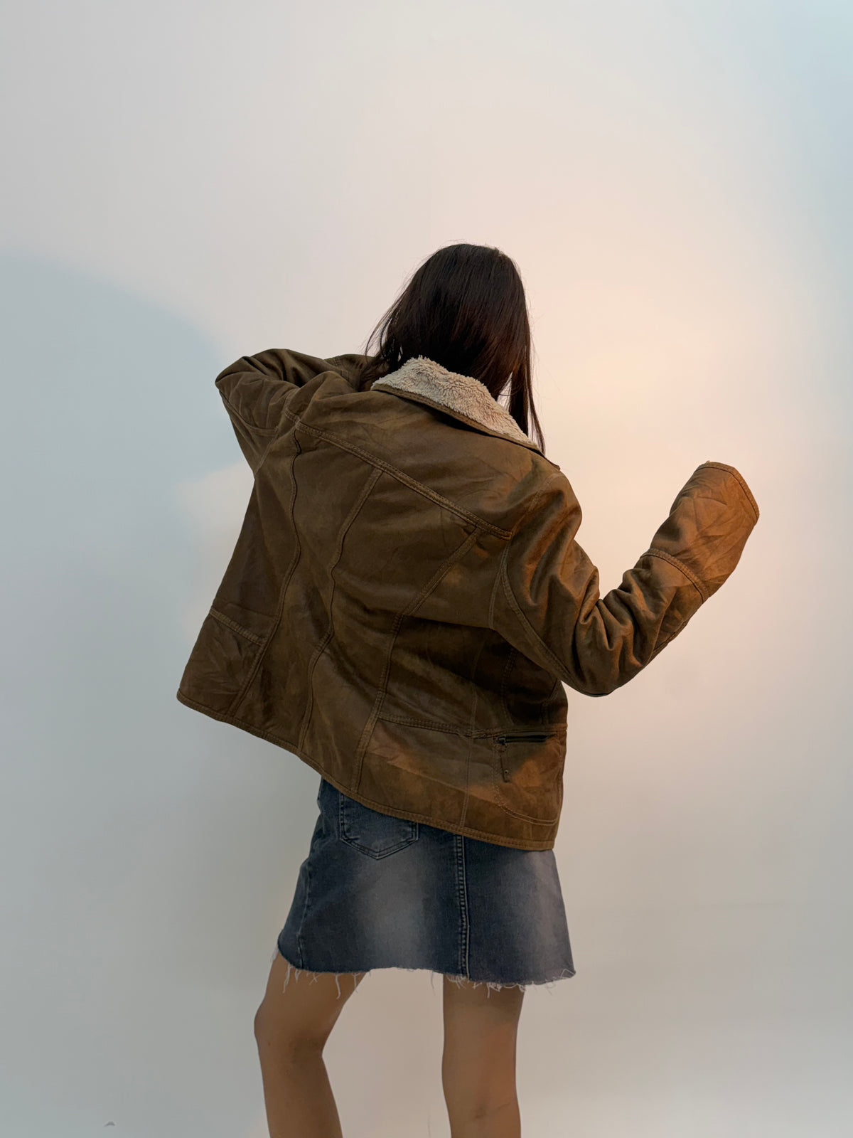 Women’s Vintage Brown Shearling-Lined Oversized Leather Jacket