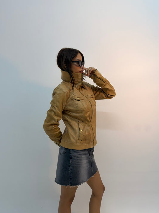 Women’s Vintage Tan Fitted High-Neck Utility Leather Jacket