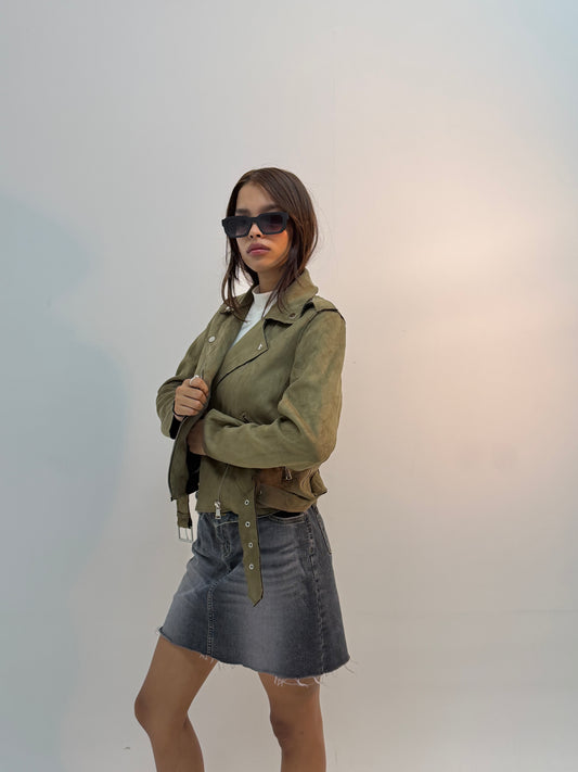 Women’s Vintage Olive Green Fitted Moto Biker Leather Jacket