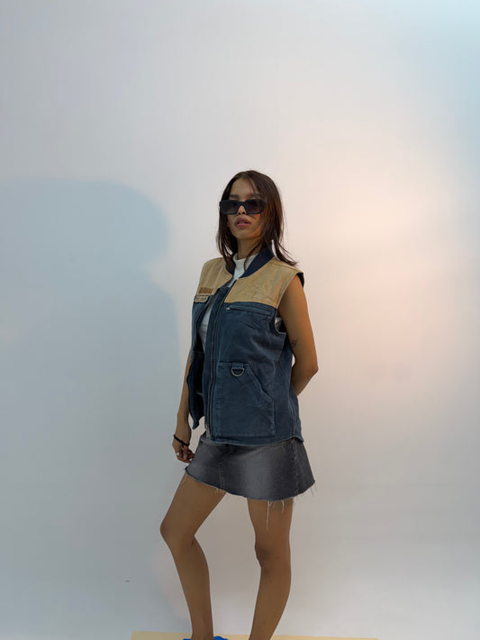 Unisex Vintage Navy & Tan Colorblock Sleeveless Utility Leather Jacket