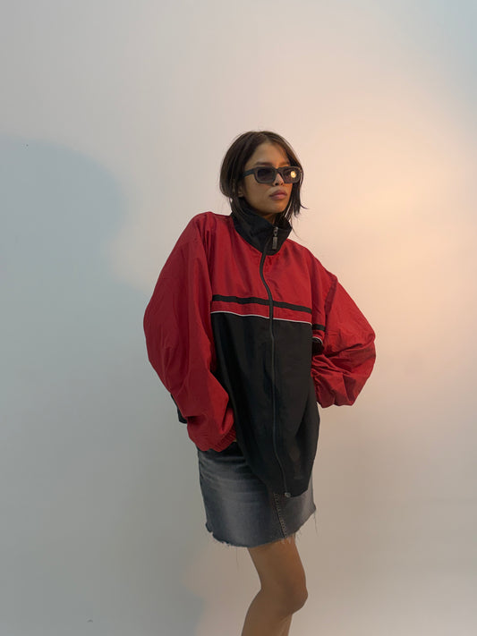 Vintage Red & Black Retro Colorblock Unisex Windbreaker Bomber Jacket