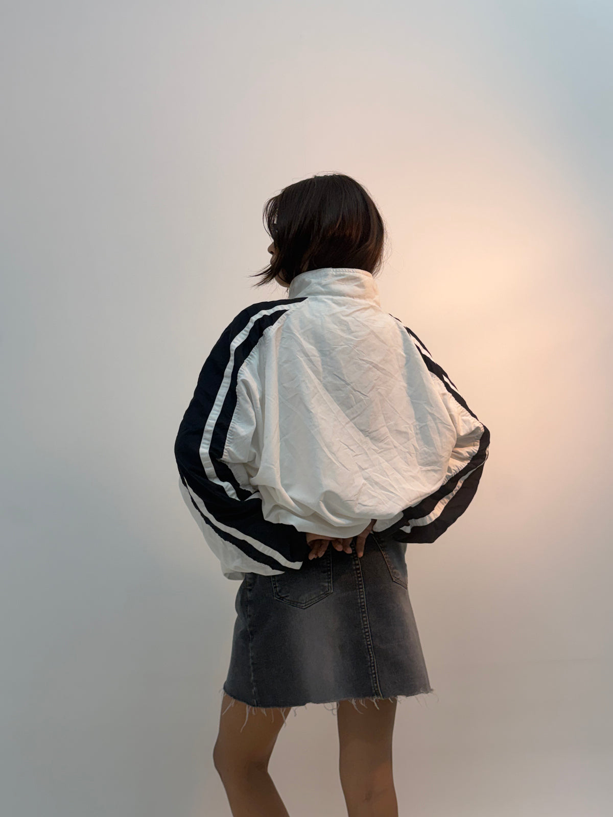 Unisex Vintage White & Black Oversized Stripe Sleeve Windbreaker Jacket