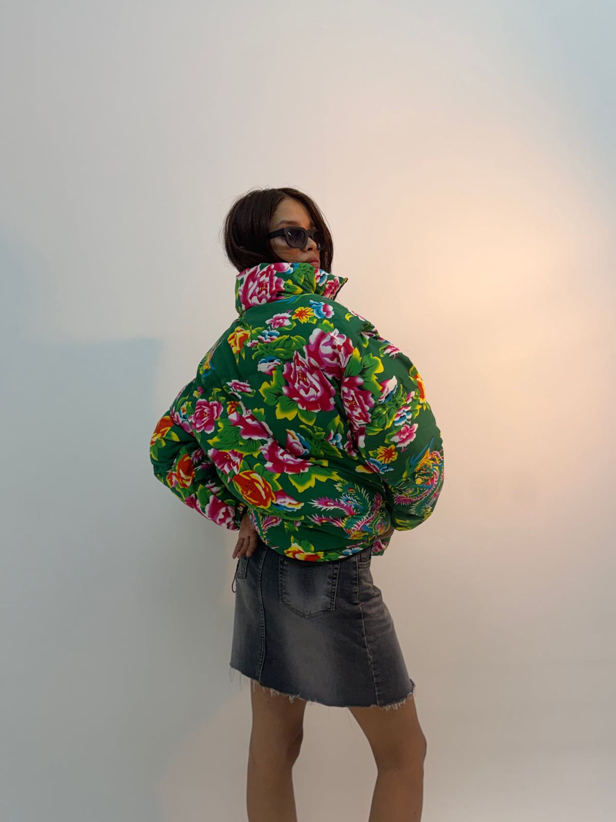 Vintage Green Floral Print Oversized Unisex Bomber Jacket
