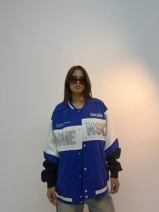 Vintage Blue & White Varsity Racing Unisex Bomber Jacket