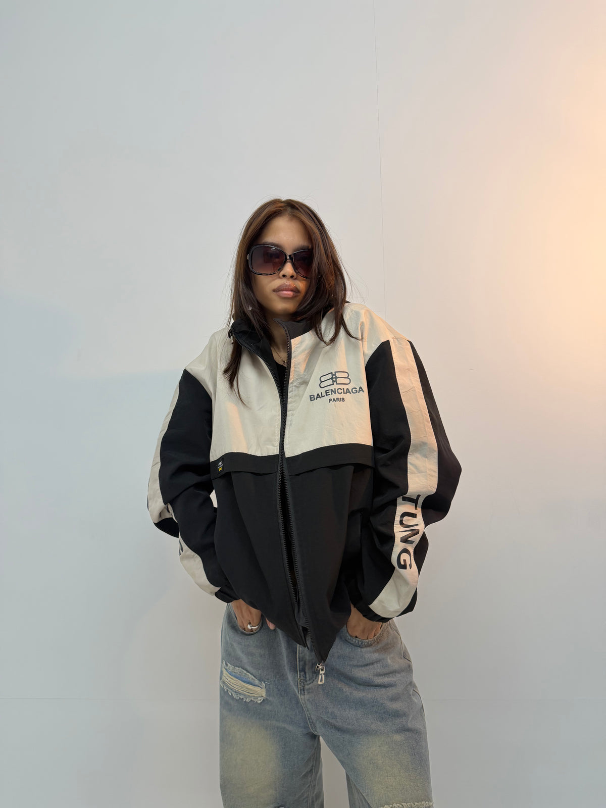 Vintage Black & Grey Racing Patchwork Unisex Varsity Bomber Jacket