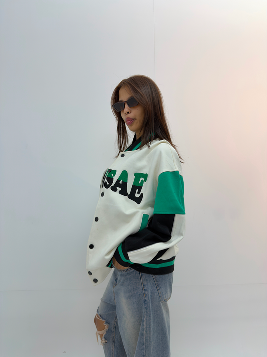 Vintage Green & White Oversized Varsity Jacket