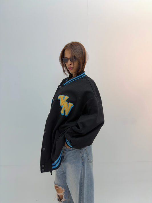 Vintage Black & Blue Oversized Varsity Jacket