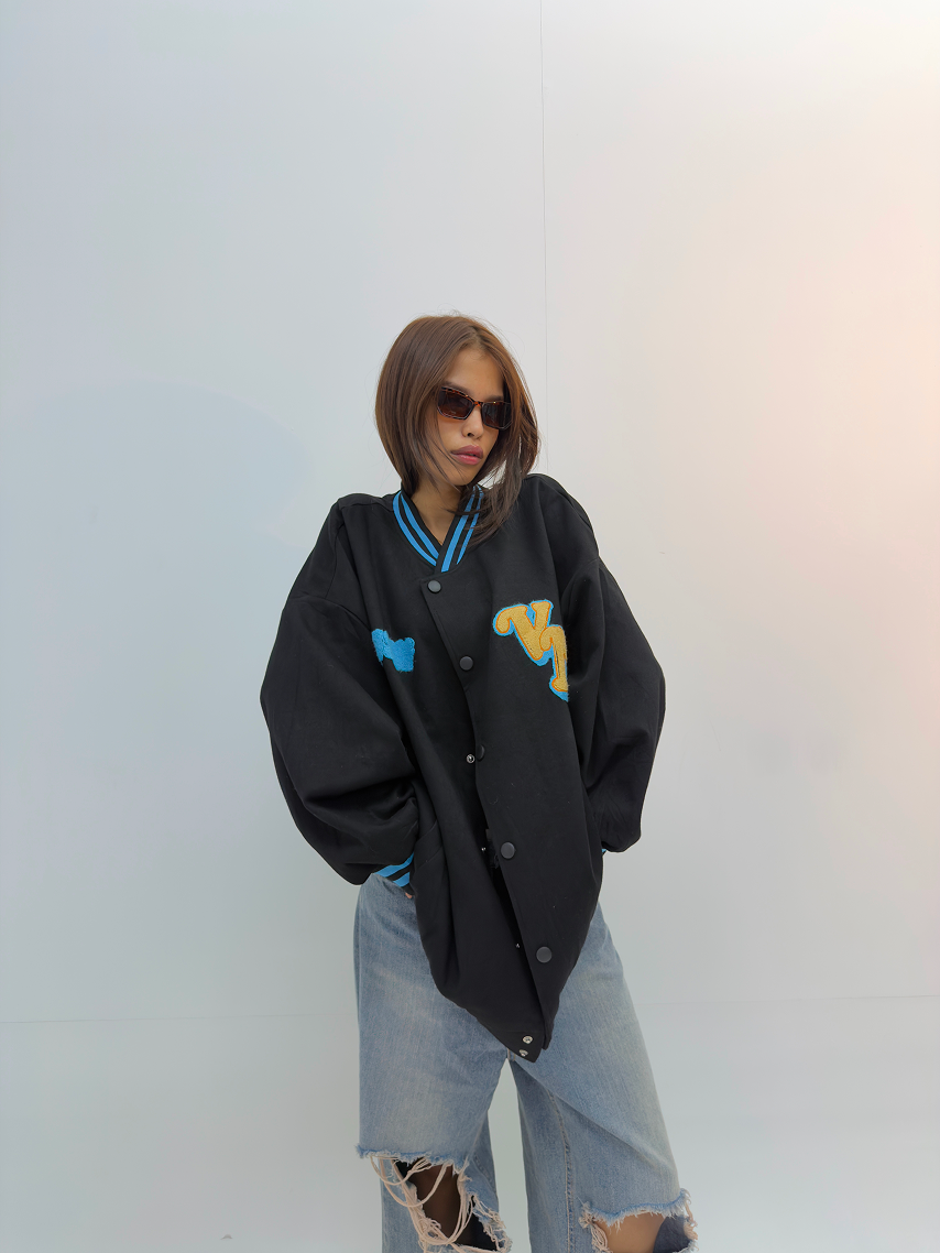 Vintage Black & Blue Oversized Varsity Jacket