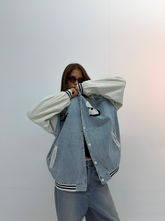 Vintage Blue Denim & Cream Graphic Unisex Bomber Jacket