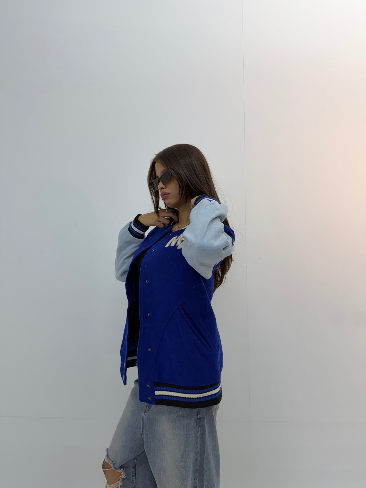 Unisex Royal Blue & Light Blue Relaxed Fit Dragon Embroidered Varsity Jacket