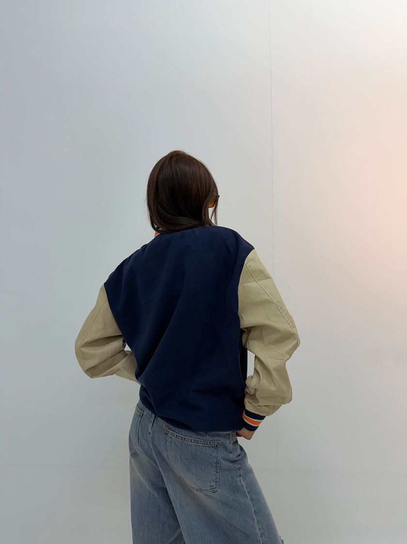 Vintage Navy Blue & Cream Oversized Varsity Jacket