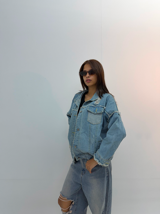 Vintage Light Blue Oversized Distressed Denim Jacket