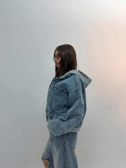 Vintage Light Blue Hooded Unisex Denim Jacket
