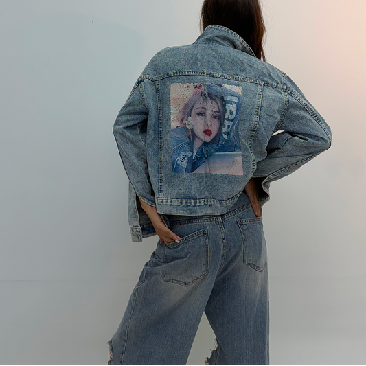 Vintage Light Blue Graphic Backprint Unisex Denim Jacket