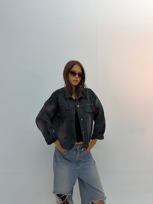 Vintage Black Distressed Backprint Unisex Denim Jacket