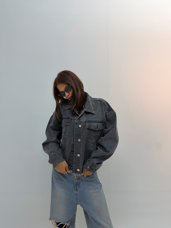 Vintage Charcoal Grey Oversized Unisex Denim Jacket