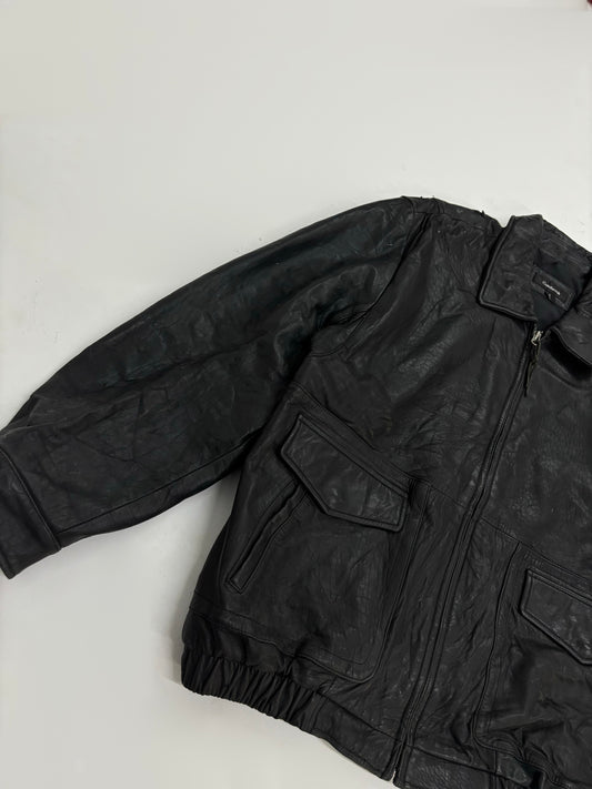 Vintage Unisex Black Leather Bomber Jacket