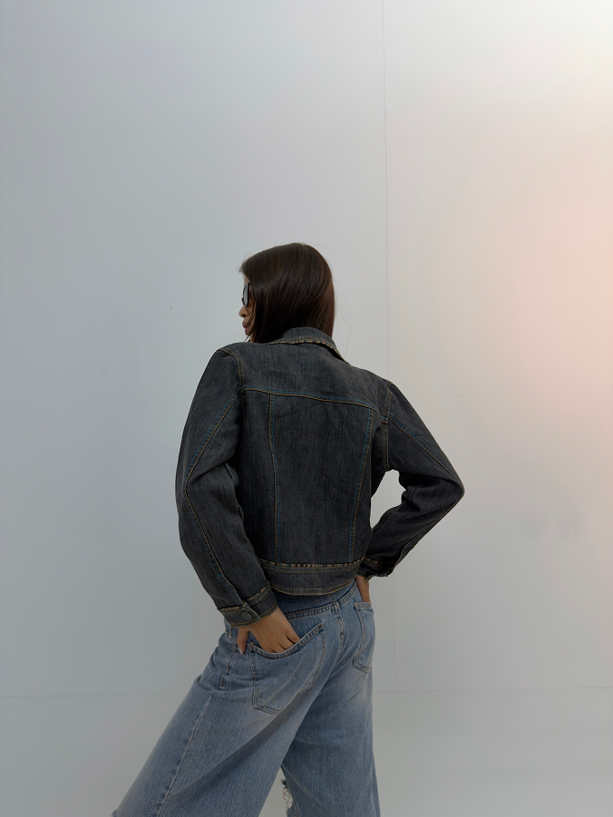 Vintage Dark Wash Fitted Denim Jacket