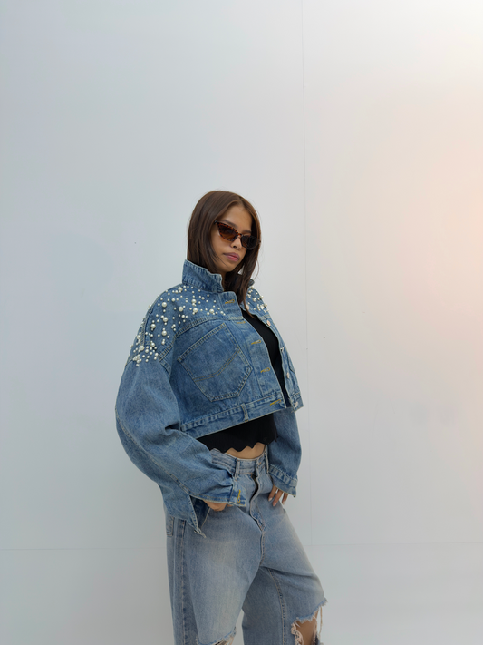 Vintage Pearl Embellished Cropped Denim Jackets