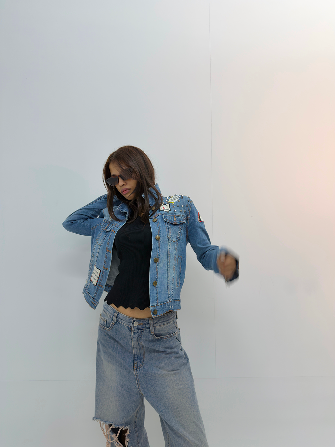 Vintage Studded Distressed Denim Jacket