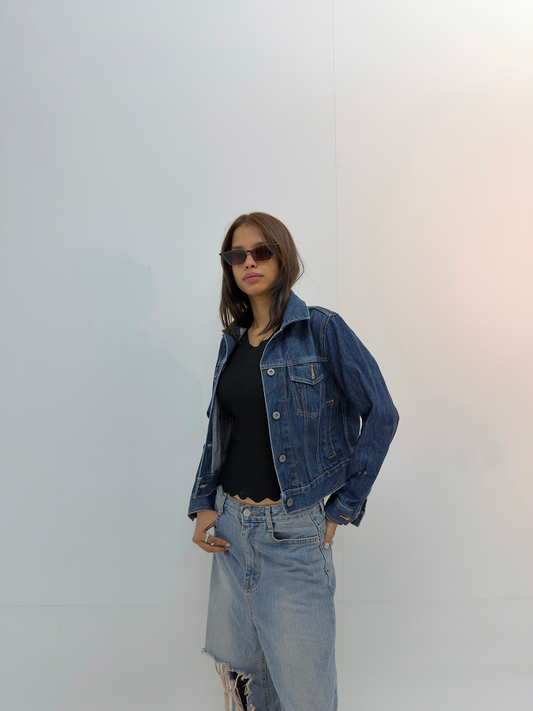 Vintage Cropped Dark Wash Denim Jacket