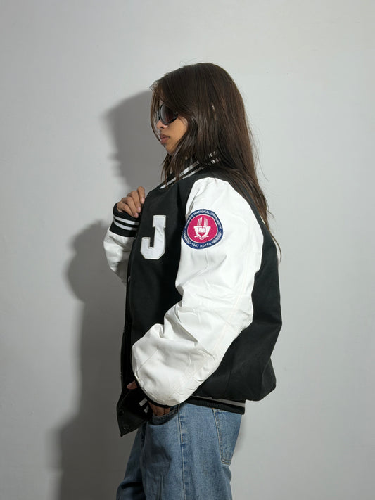 Unisex Charcoal & White Relaxed Fit ‘J’ Patch Varsity Jacket