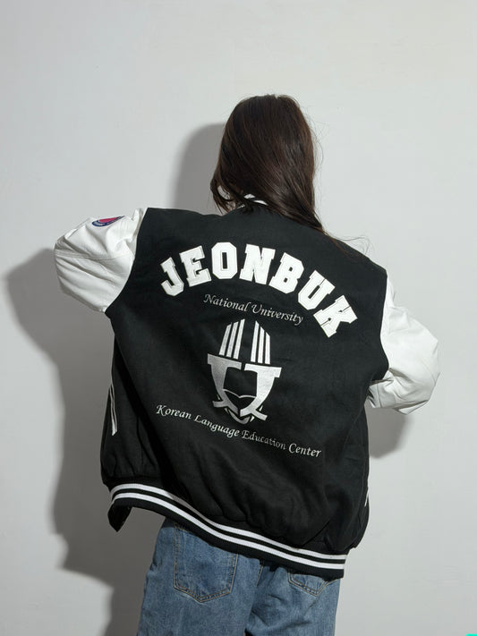 Unisex Black & Cream Relaxed Fit Embroidered Varsity Jacket