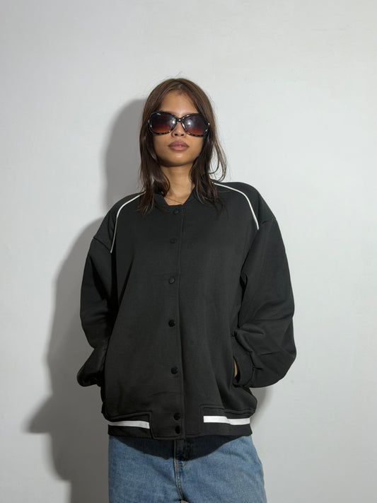 Unisex Black Oversized Contrast Piping Bomber Jacket