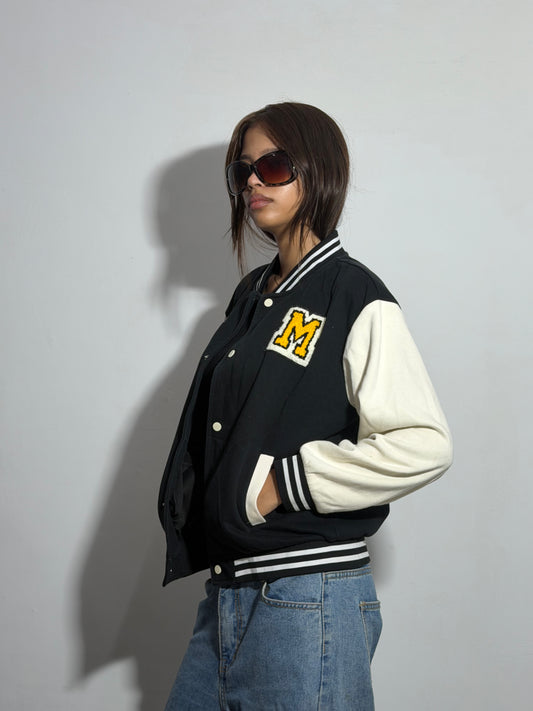 Unisex Black & Beige Relaxed Fit Patch Varsity Jacket