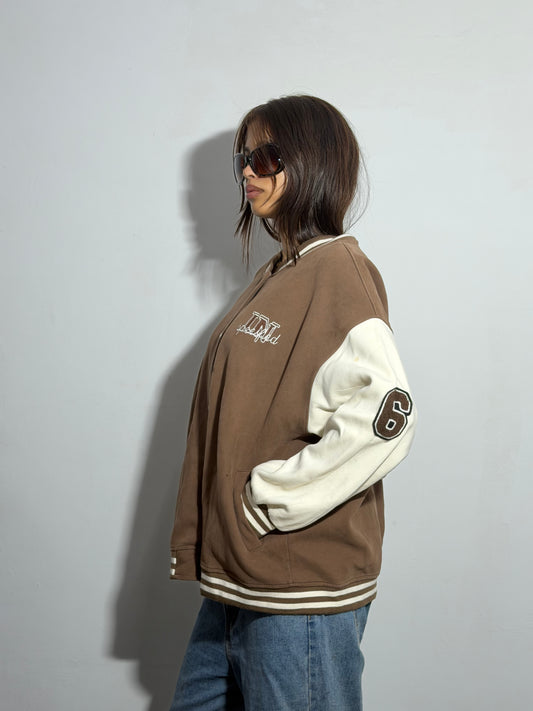 Unisex Mocha Brown & Cream Oversized Varsity Jacket