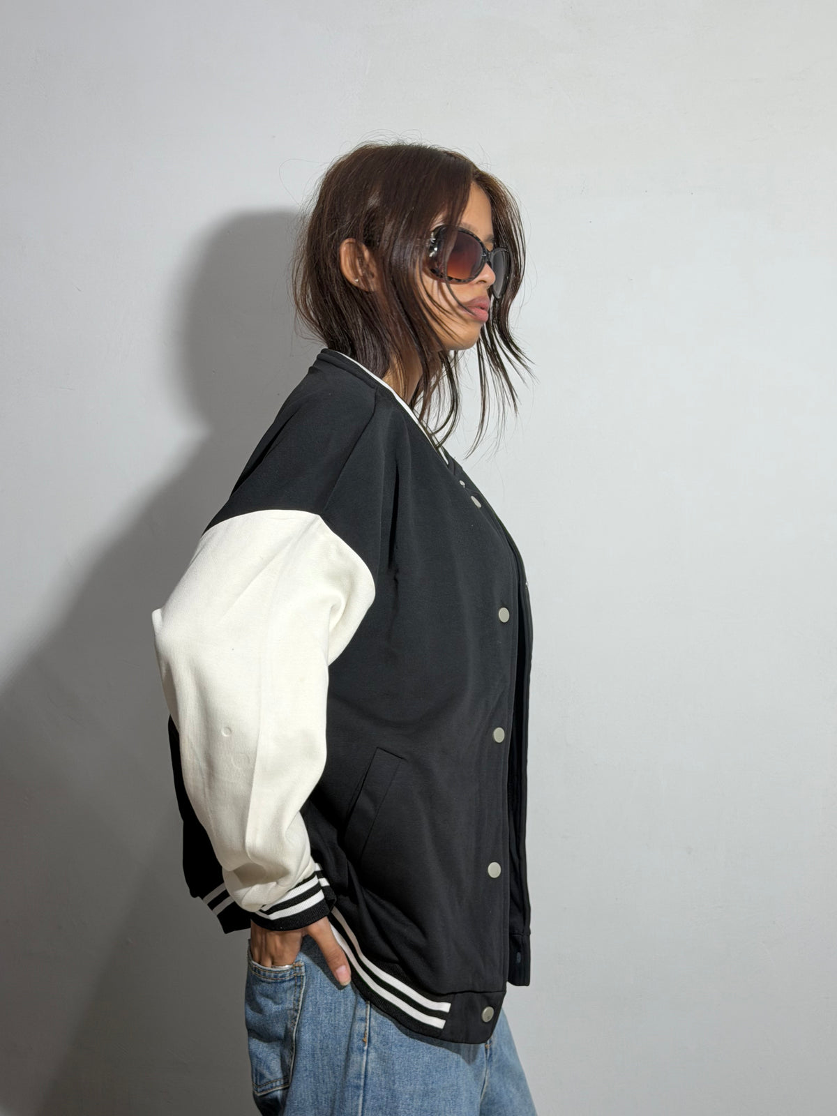 Unisex Black & Beige Oversized Patch Varsity Jacket