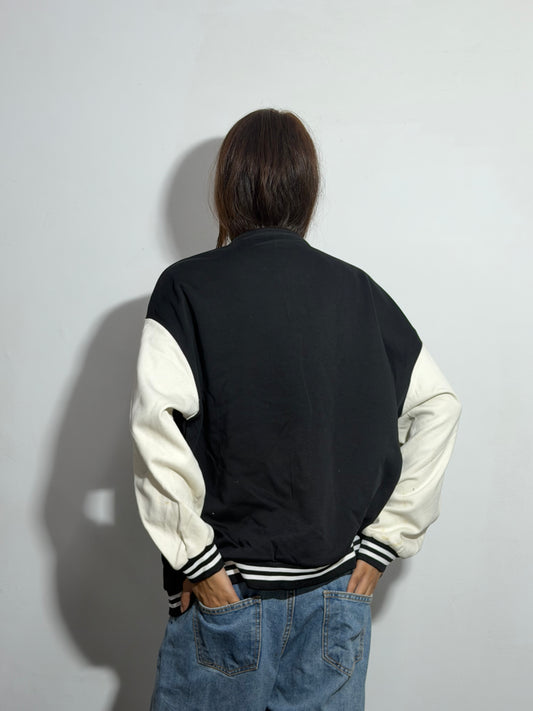 Unisex Black & Beige Oversized Patch Varsity Jacket