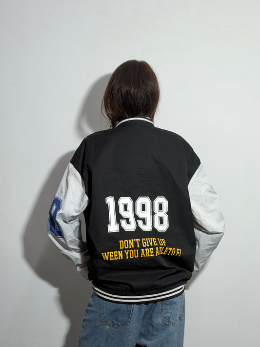 Unisex Black & White Oversized Yellow Lettering Varsity Jacket