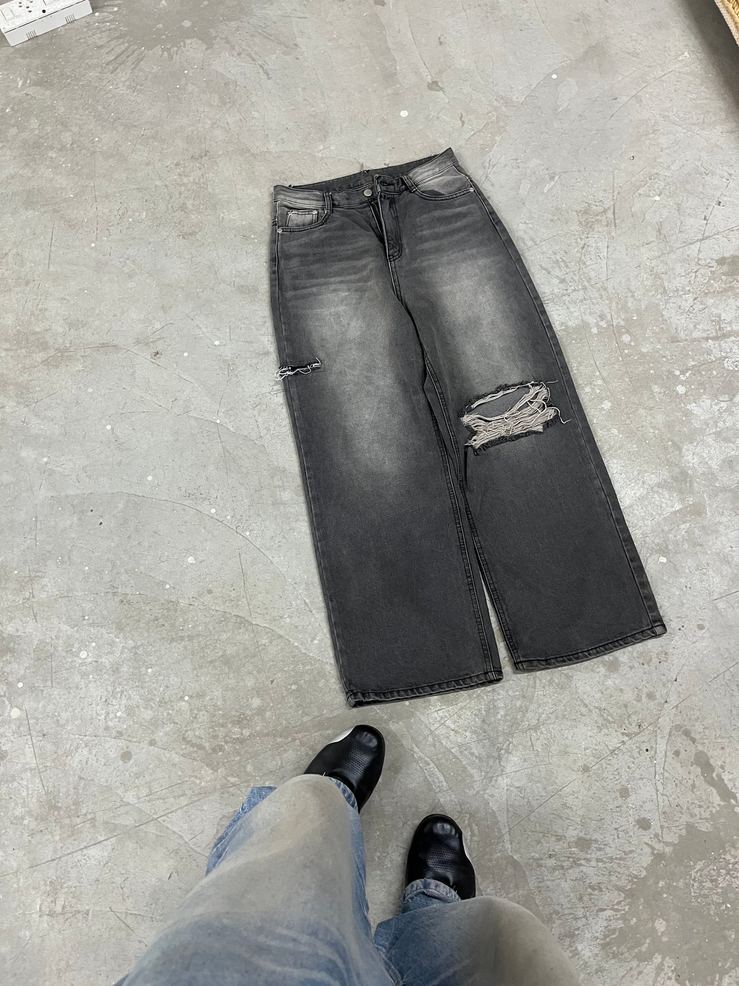 Vintage Washed Charcoal Distressed Wide-Leg Denim