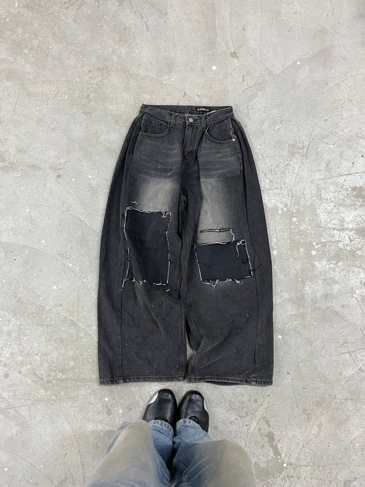 Men's Jeans Wide Leg Patchwork Vintage Washed Black