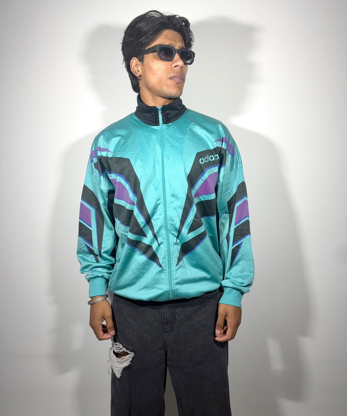 Vintage Teal Geometric Windbreaker Men's Jacket