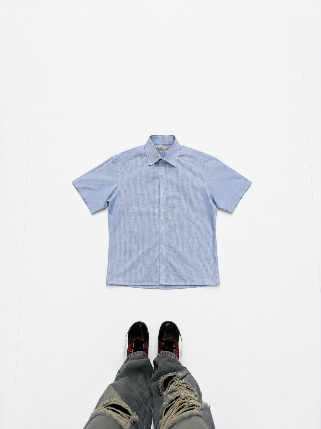 Light Blue Micro-Check Short Sleeve Button-Up Shirt