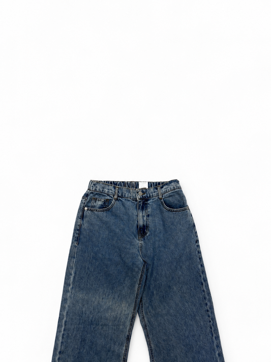 Women's Jeans Wide Leg Mid Blue Side Slit Hem