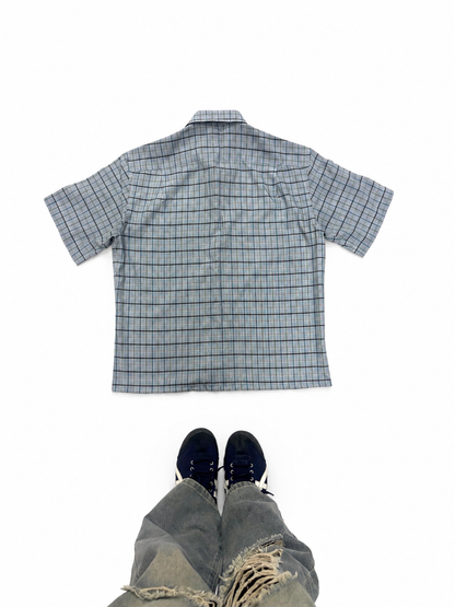 Men's Grey Blue Checkered Short Sleeve Button-Down Shirt