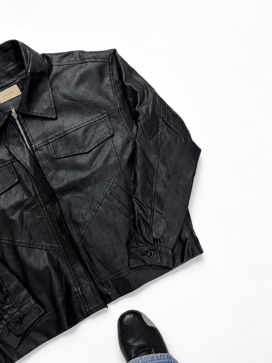 Unisex 90s Black Leather Utility Jacket