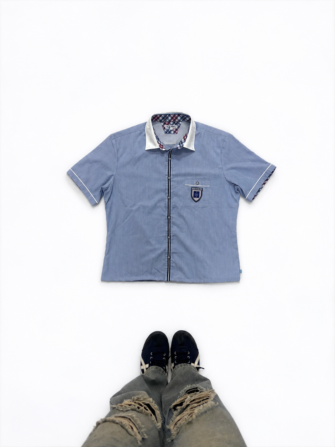 Boys Light Blue Short Sleeve Casual Shirt with Contrast Collar & Crest Pocket Detail