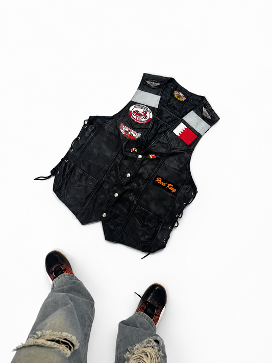 Vintage Unisex Biker Leather Vest with Embroidered Patches & Side Lace Detail